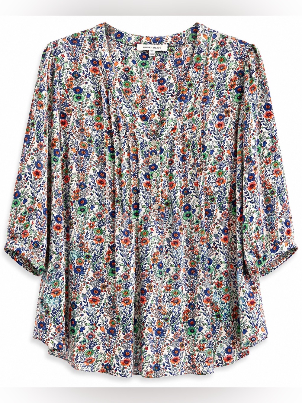 Rose + Olive Floral Peasant Blouse 1X Boho Cottagecore V-Neck Plus Size Top